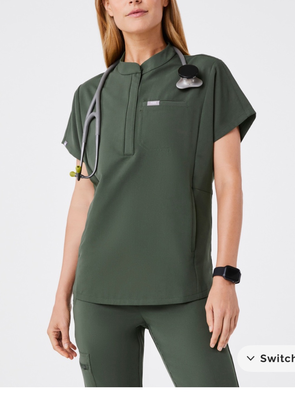 Figs Moss Green Mandarin Collar Scrub Top